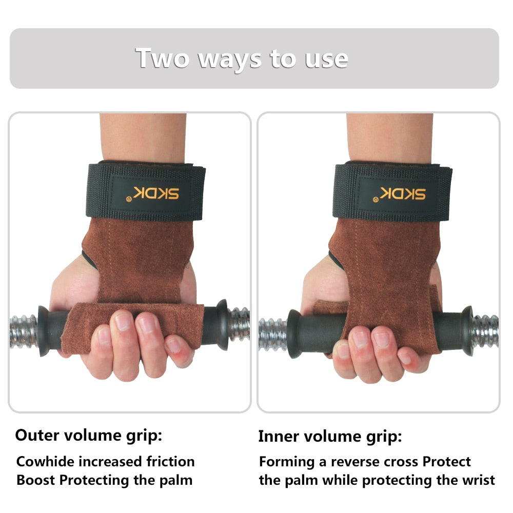 SKDK Grips Cowhide Weight Lifting Gloves Gym Fitness Grip Pads Wrist Wraps Support Crossfit Deadlifts Training Gloves